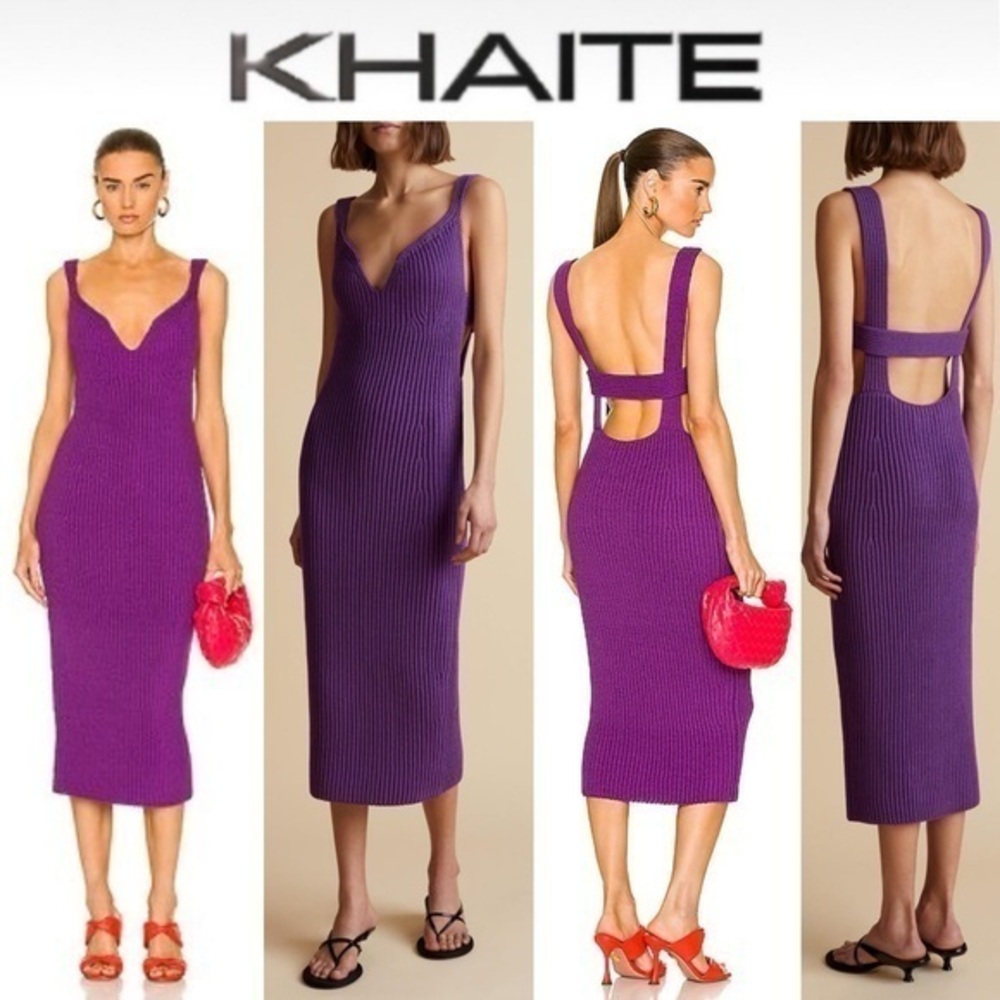 KHAITE Alessia Plunge Neck Body-Con Rib Sweater Dress in Purple Grape sz S 1280$